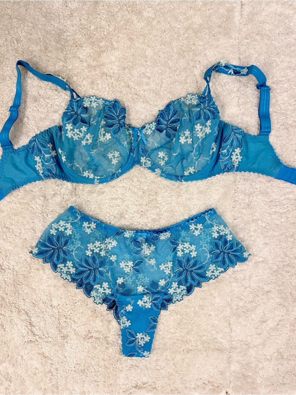 Prima Donna Turquoise Floral Lace Underwire Bra & Cheeky Panty